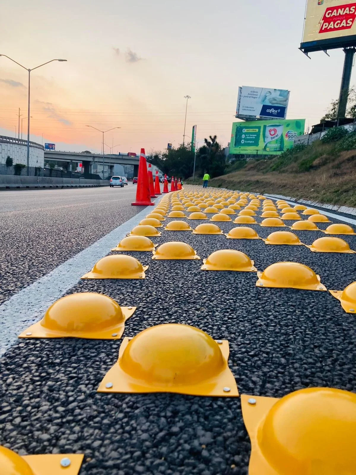 Tachones reflectivos en carretera al atardecer